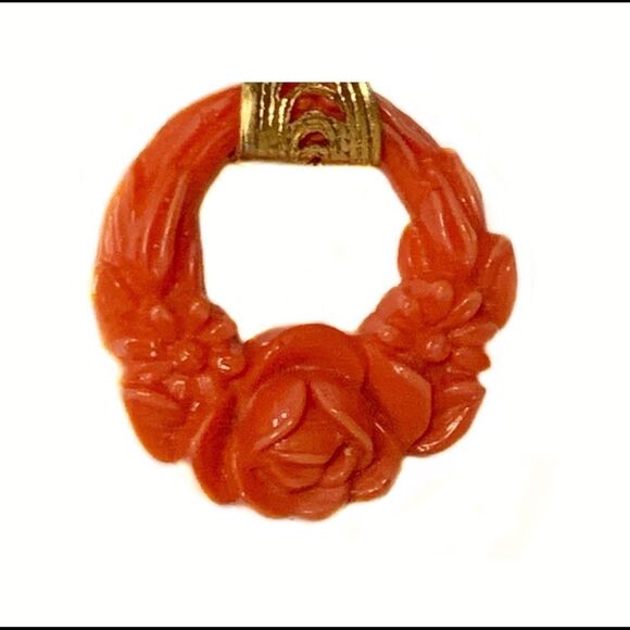 Vintage coral pressed glass floral hoop earrings pierced-Japan - Picture 2 of 6